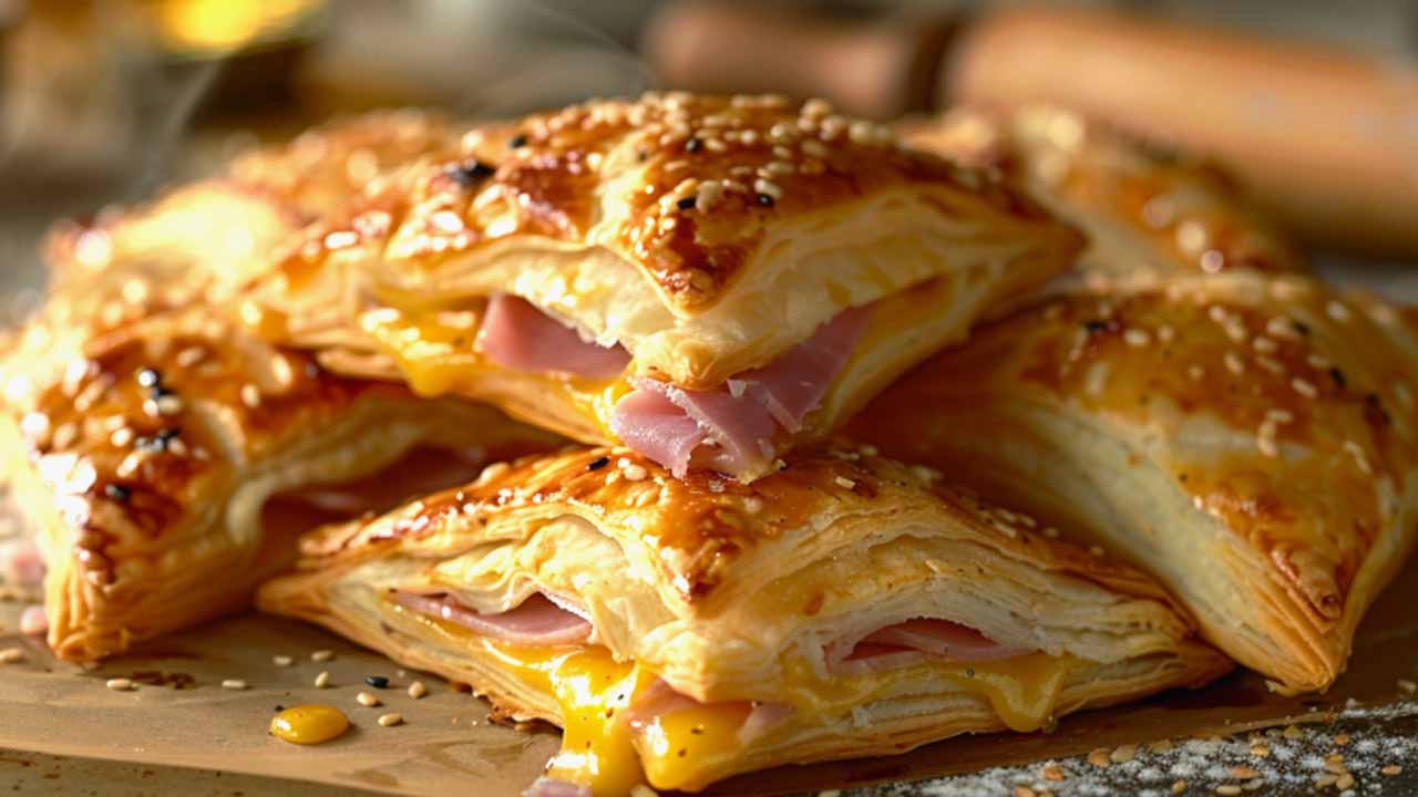 Слоеные треугольники с ветчиной и сыром в духовке: хрустящая закуска за полчаса